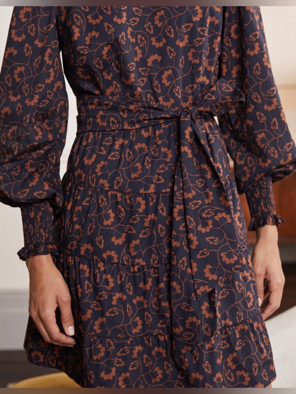 Boden Navy Brown Long Puff Sleeves Tiered Dress Smocked Floral Leaves Cotton 12R - Picture 2 of 12